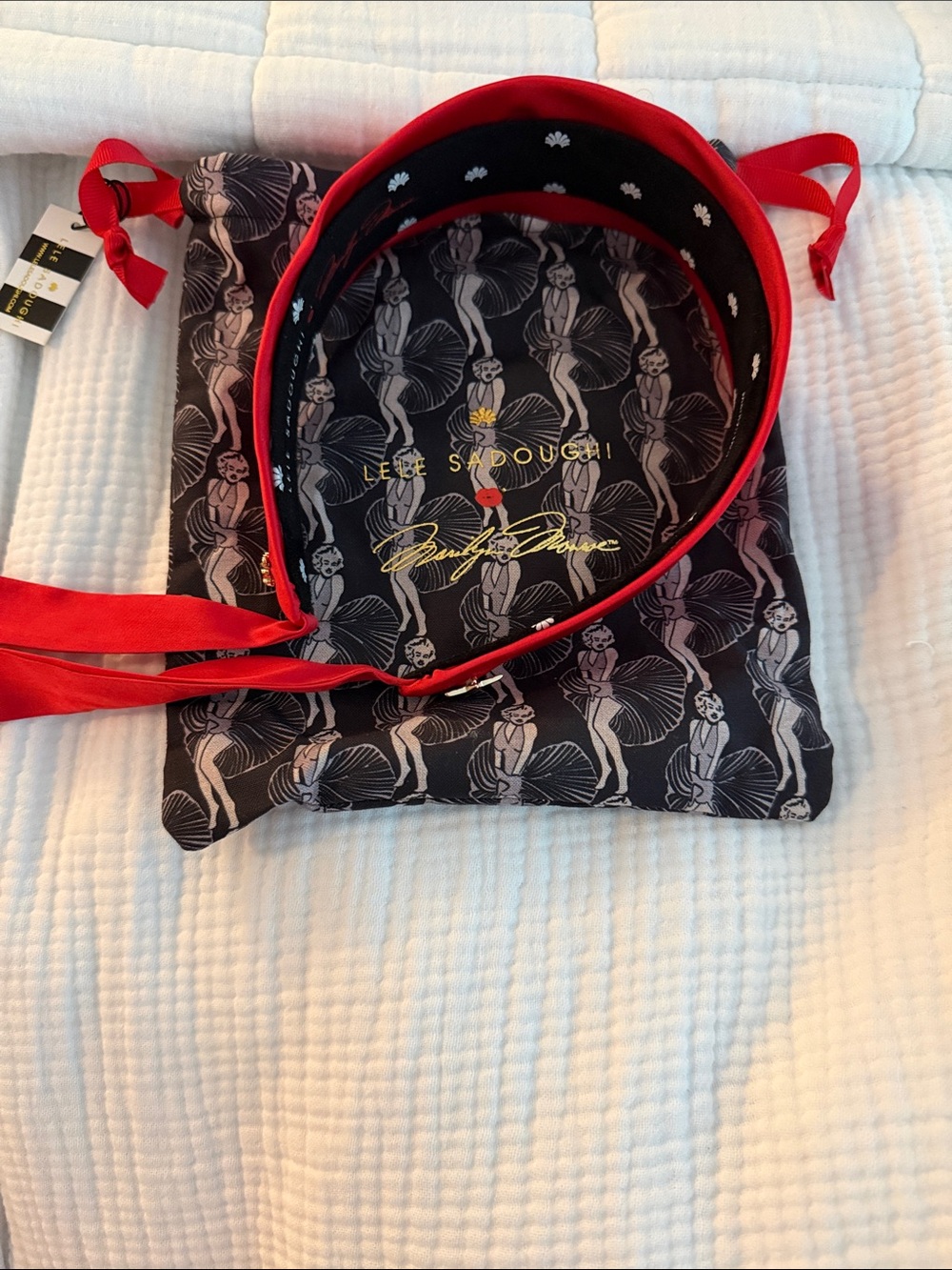 Lele Sadoughi Red Satin Ribbon Headband with Black Floral Lining